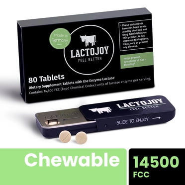 LactoJoy Comprimés pour l'Intolérance au Lactose - 80 Comprimés à Croquer avec 14500 FCC d'Enzyme Digestive Puissante, Soutien Digestif à Action Rapide pour la Sensibilité aux Produits Laitiers / Végétalien, Naturel et Facile à Avaler