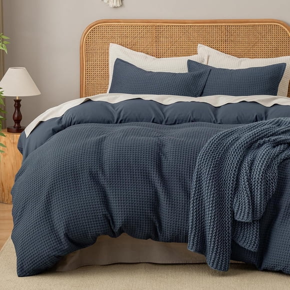 Waffle Weave Duvet Cover Set Twin Size,Soft Breathable Comforter Cover Set with Pillowcase,Textured Home Decor Bedding Set Cozy for All Seasons, Indigo 68"×90",No Comforter