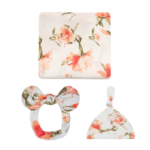 Graflsoa SU5013 Ensemble d'Emmaillotage pour Bébé avec Imprimé Floral, Bonnet et Bandeau - Fibre Protéinée, 80x80 cm, Motif Pivoine Blanche