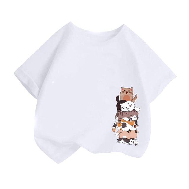 LUOGENLI T-Shirt pour Filles Enfant Filles Mignon Mode Imprimé Décontracté Ample Col Rond Manche Courte Tee Été T-Shirt Hauts Maxi Hauts avec Shorts en Dessous Blanc 2-4 Ans