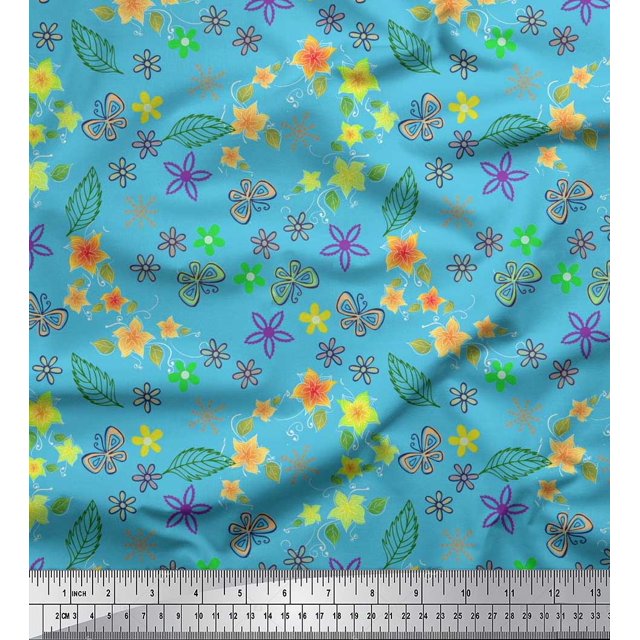 Soimoi Blue Polyester Crepe Fabric Leaves,Insect & Floral Artistic Print Sewing Fabric BTY 52 Inch Wide