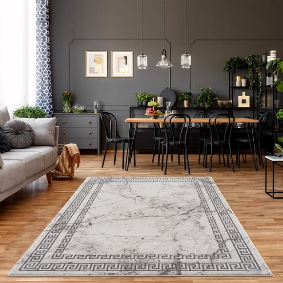 LaDole Rugs Or Gris Ivoire Marbre Abstrait Bordé Motif Grec Méandre Moderne Tapis pour Salon Chambre Couloir Coureur