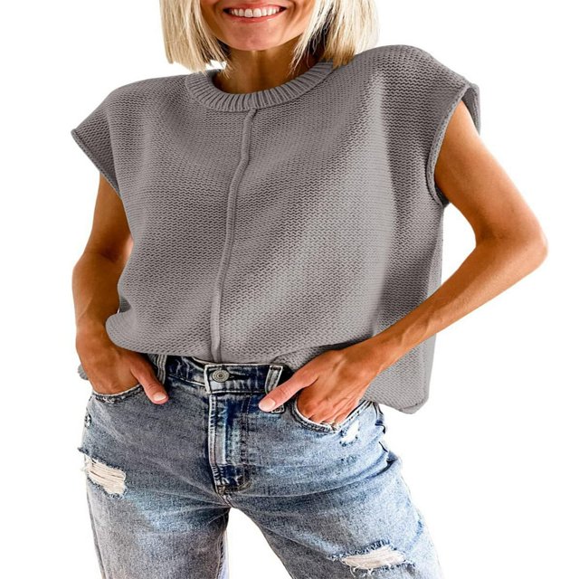 Women Solid Color Sweater Vests Crew Neck Cap Sleeve Loose Pullovers