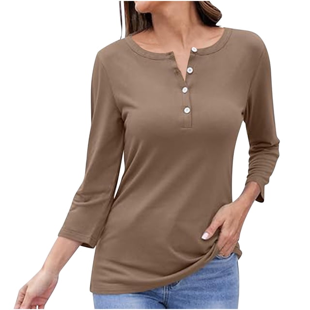 Timegard Womens Tops Long Sleeve Notched V-Neck Blouse Fall Casual Loose Comfy Shirts Tops Solid Color