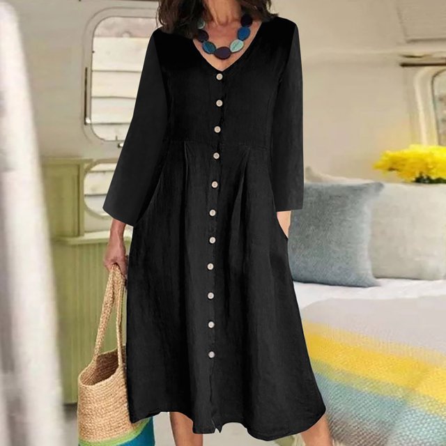 Gspmoly Robes Décontractées pour Femmes, Mode Femmes Robe à Col en V Uni à Manches Longues Boutonnée Robe Décontractée Longueur Genou Robe de Cocktail Articles en Liquidation