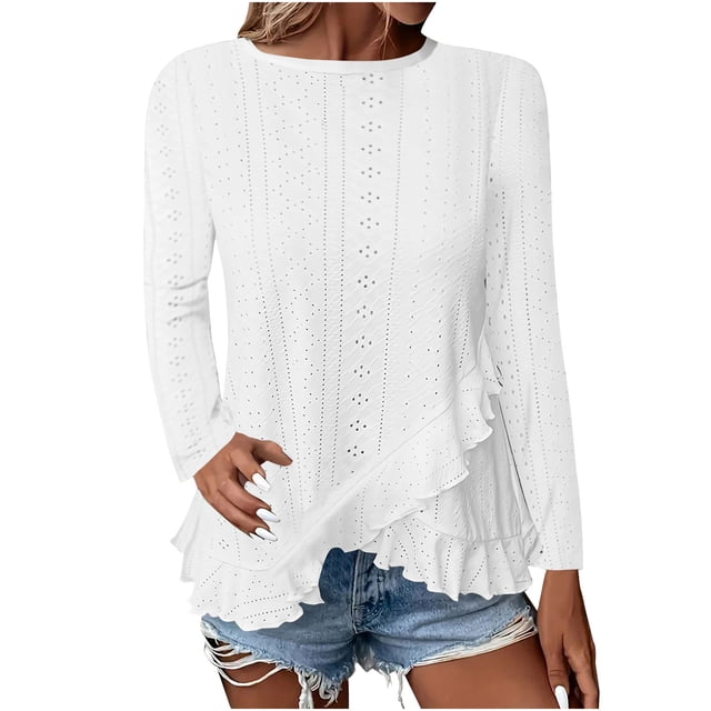 Plebaso Women's Long Sleeve Eyelet Tops Crew Neck Ruffle Blouses Dressy Irregular Hem Womens Spring Shirts