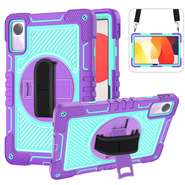 For Xiaomi Redmi Pad SE 11 Inch 360 Rotating Tablet Case Kids Safe Cover With Hand Shoulder Strap 3-Layers Protection Funda Capa Purple-Mint Green Redmi Pad SE 11 inch