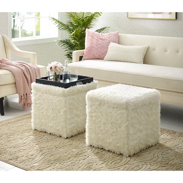 Inspired Home Allen Faux Fur Ottoman Storage Space Cube Shaped Serving Tray Top