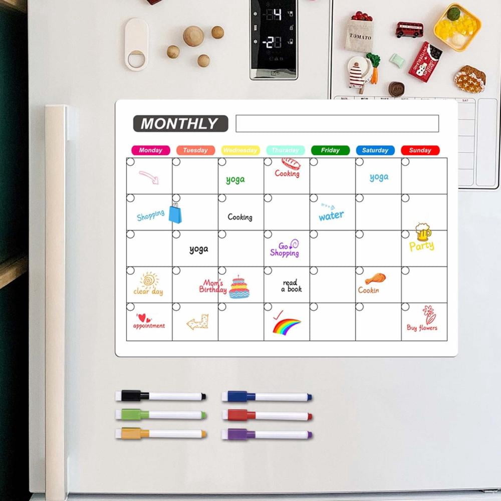Outoloxit Erasable Magnetic Weekly Monthly Planner Board, Fridge Dry Erase Whiteboard Sticker with Strong Magnet for Kitchen, PVC Memo Message Schedule Board, Includes 6 Pens & Eraser