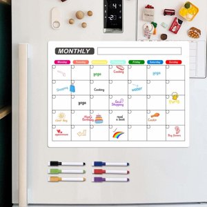 Outoloxit Erasable Magnetic Weekly Monthly Planner Board, Fridge Dry Erase Whiteboard Sticker with Strong Magnet for Kitchen, PVC Memo Message Schedule Board, Includes 6 Pens & Eraser