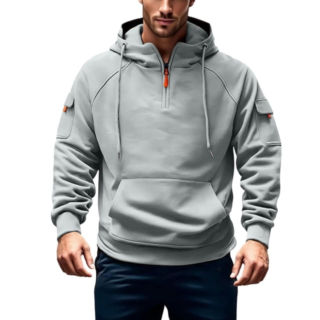 Lyrcatrment Mens Fleece Heavyweight Hoodies 1/4 Zip Drawstring Outdoor Sweatshirts with Multi Pockets