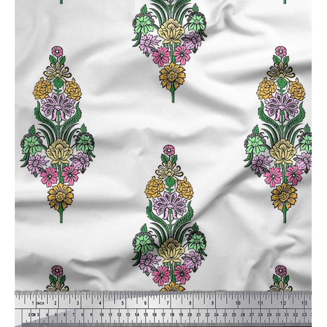 Soimoi Poly Georgette Fabric Leaves & Floral Block Printed Craft Fabric by The Yard 52 Inch Wide