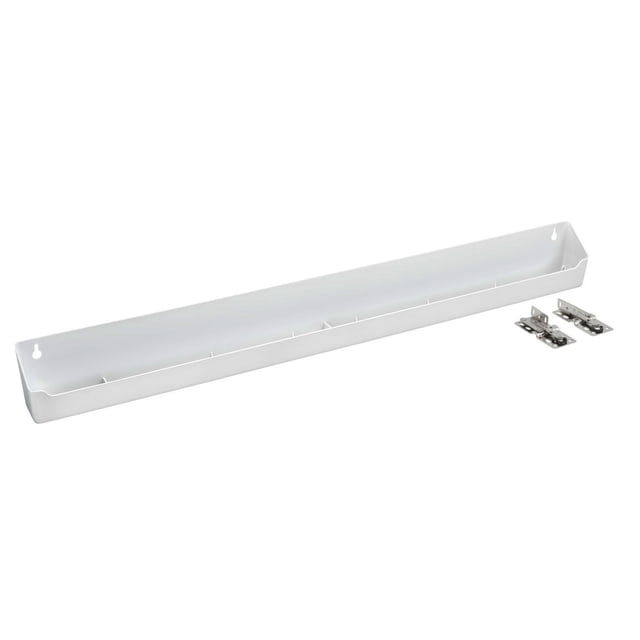 Rev-A-Shelf 30 Inch Kitchen Tip-Out Tray made of durable white polymer plastic, designed to maximize unused space in front of sinks. Includes a slim, 30.44-inch wide tray with a modern white finish, 45-degree hinges, and mounting hardware for easy installation. Ideal for storing small items like sponges or brushes in kitchen or bathroom cabinets. Dimensions: 30.44 inches wide, 2.13 inches deep, and 3.81 inches high.