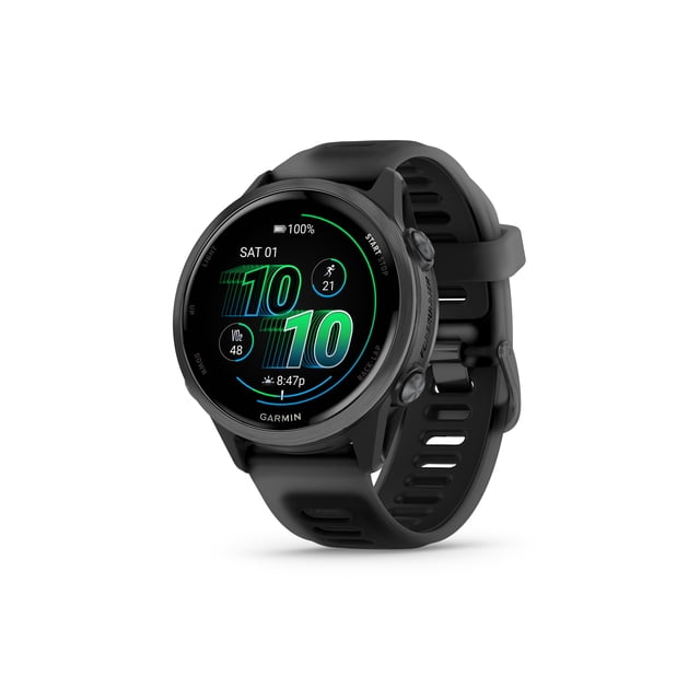Garmin Forerunner® 570 GPS smartwatch with 42mm slate grey aluminum bezel and translucent black/black band, displaying time, date, battery status, VO2 max, and running metrics on a bright AMOLED touchscreen, shown angled on white background.
