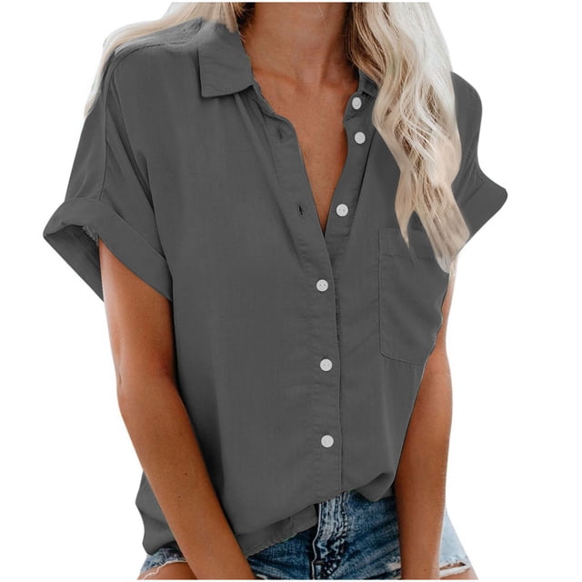 Timegard Womens Tops Button down Short Sleeve Lapel V-Neck Top Summer Casual Shirts with Pockets Blouse