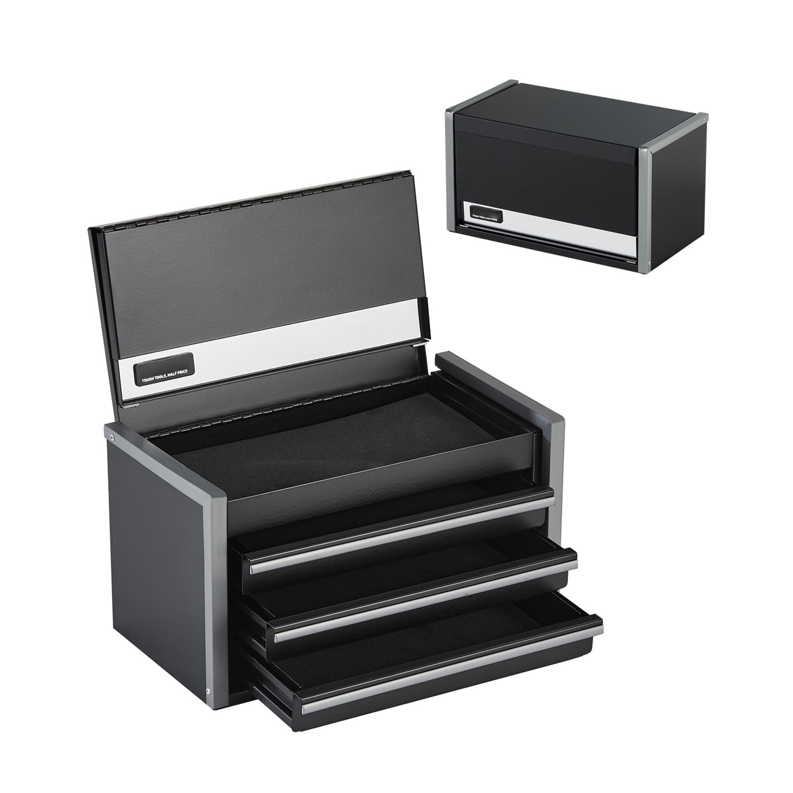 KFFKFF Metal Tool Box, 8.6-inch, Portable Metal Tool Box with 3 Drawers, Small Tool Chest with EVA Liners and PP Feet Pads