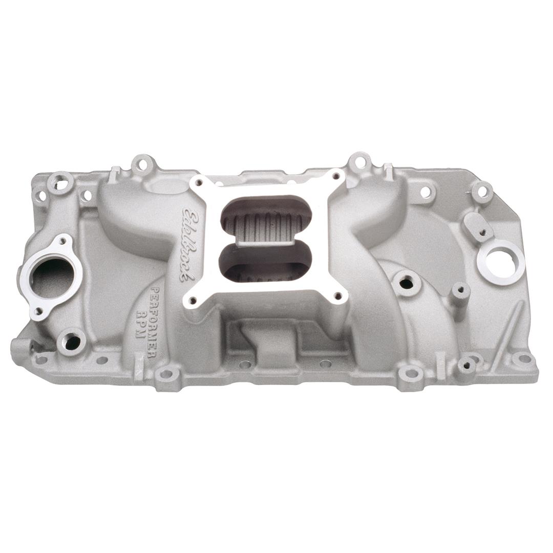 Edelbrock Intake Manifold 7161 Performer RPM; 1500-6500 RPM Range; Dual-Plane/Oval Port; 4-Barrel Square-Bore Carburetor; Aluminum; Natural