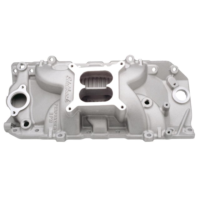 Edelbrock Intake Manifold 7161 Performer RPM; 1500-6500 RPM Range; Dual-Plane/Oval Port; 4-Barrel Square-Bore Carburetor; Aluminum; Natural