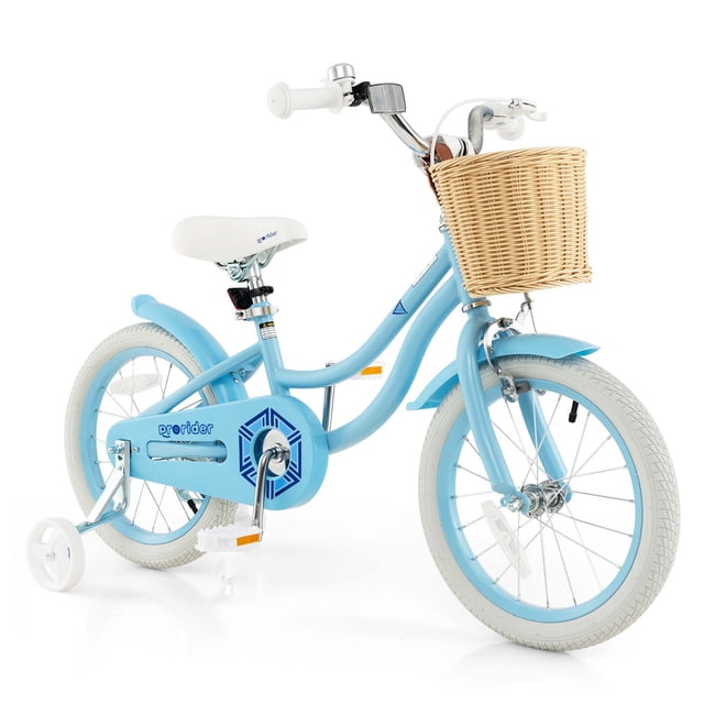 Prorider 16" Kid's Bike with Training Wheels in blue featuring adjustable handlebars and seat, a handbrake, and a retro basket. This children's bike is designed for ages 4-7 years, with dual brakes for safety, padded saddle for comfort, and adjustable training wheels.