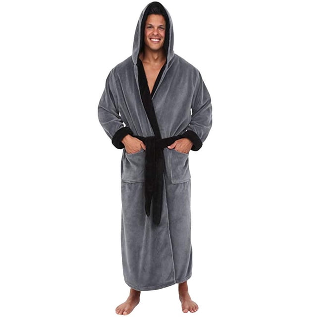 Intimates Men's Winter Plush Lengthened Shawl Bathrobe in grey, featuring long sleeves, a hood, and a black tie belt. Made of polyester with two front pockets and interior ties for added security. Ideal for casual home wear, winter lounging, or post-shower warmth.