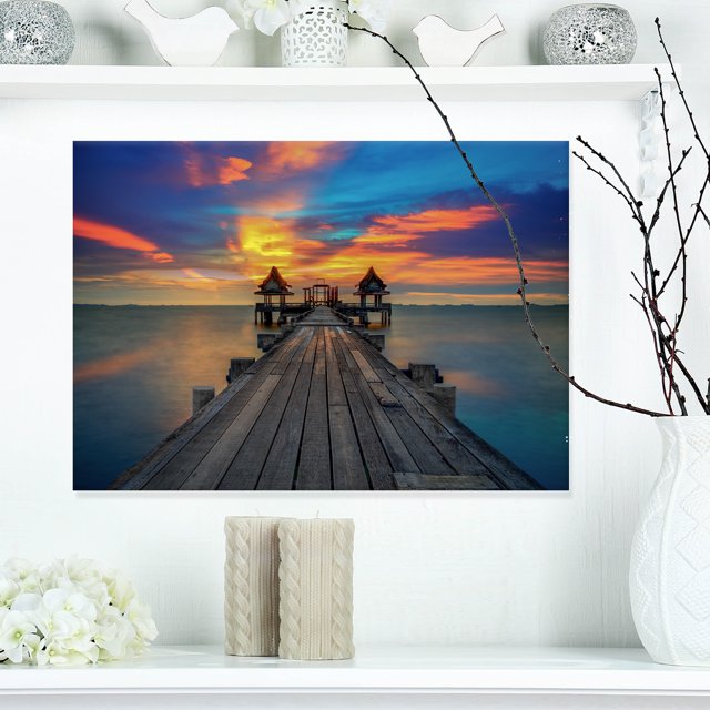 Wide Wooden Bridge into Distant Sun - Pier Seascape Canvas Art Print