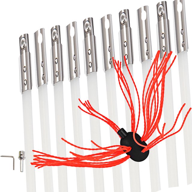 VEVOR Chimney Sweeping Brush Rotary Chimney Brush with 10 nylon flexible rods, each 1 meter long, and a durable brush head with red bristles. The rods feature chrome-coated button locks for secure connections and can bend up to 90 degrees for cleaning tight flue bends. Includes accessories like a small wrench, connector, safety gloves, sponge brush, and a storage bag. Suitable for cleaning metal or brick chimneys of various shapes and sizes.