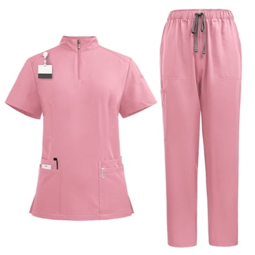 Bocqde Women's Scrub Set Classic Short Sleeve Zipper Stand Collar Top and Jogger Pants Nursing Uniform Scrubs for Women Set