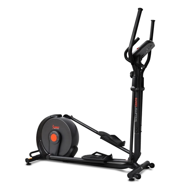 Sunny Health & Fitness Power Stride Machine Intelligente d'Entraînement Croisé Elliptique – SF-E321005 en Noir avec accents orange, Vue Latérale Affichant un Moniteur Numérique, Double Guidon, Grandes Pédales de Pied et Volant d'Inertie à Résistance Magnétique à 16 Niveaux pour des Entraînements Complets du Corps Efficaces.