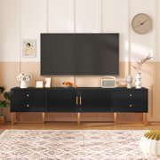 Black Textured Door TV Cabinet - 68.8" TV Stand with Gold Legs & Drawers