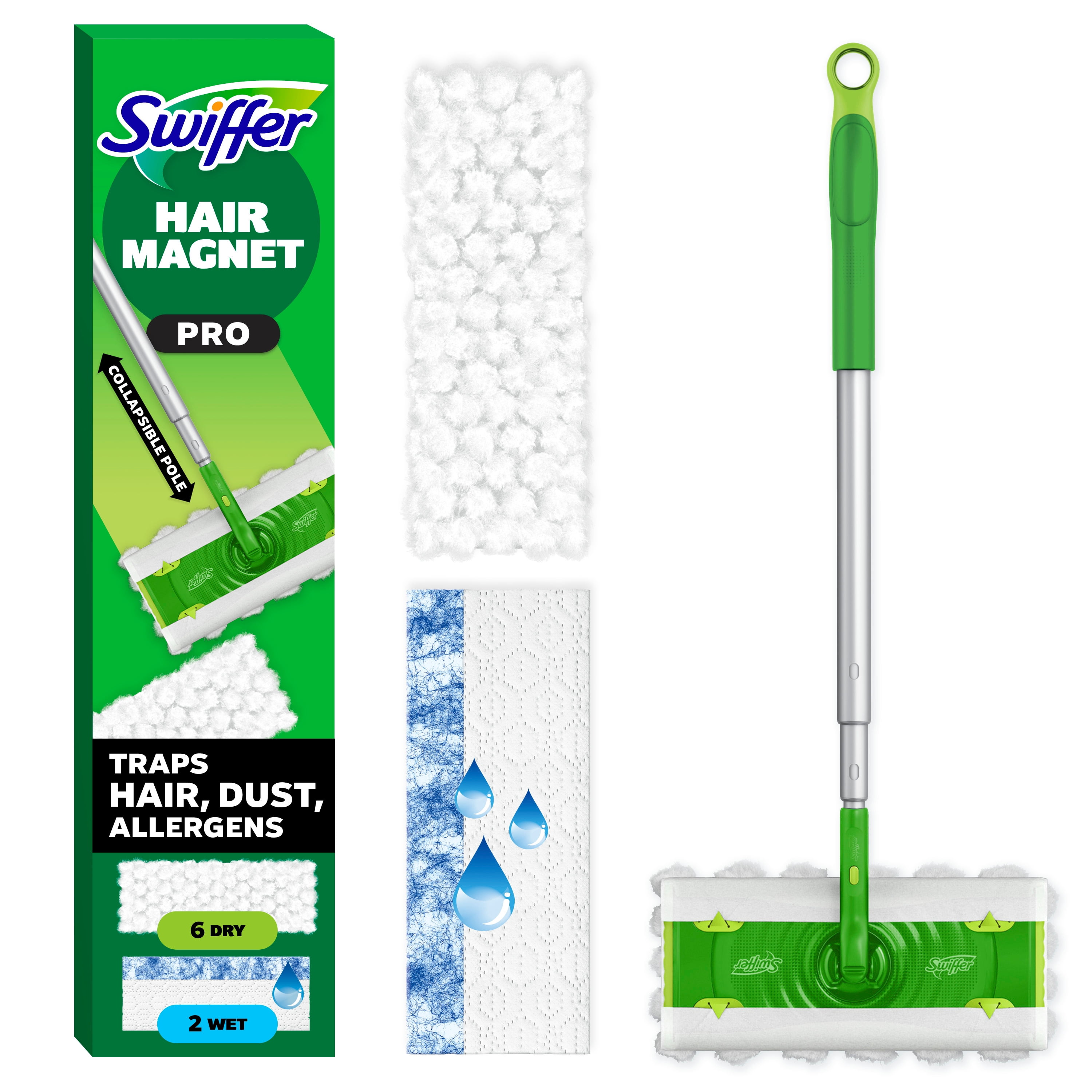 Swiffer Hair Magnet Pro Starter Kit with Collapsible Pole, 6 Hair Magnet Dry Cloths, 2 Bonus Mop & Go Wet Cloths