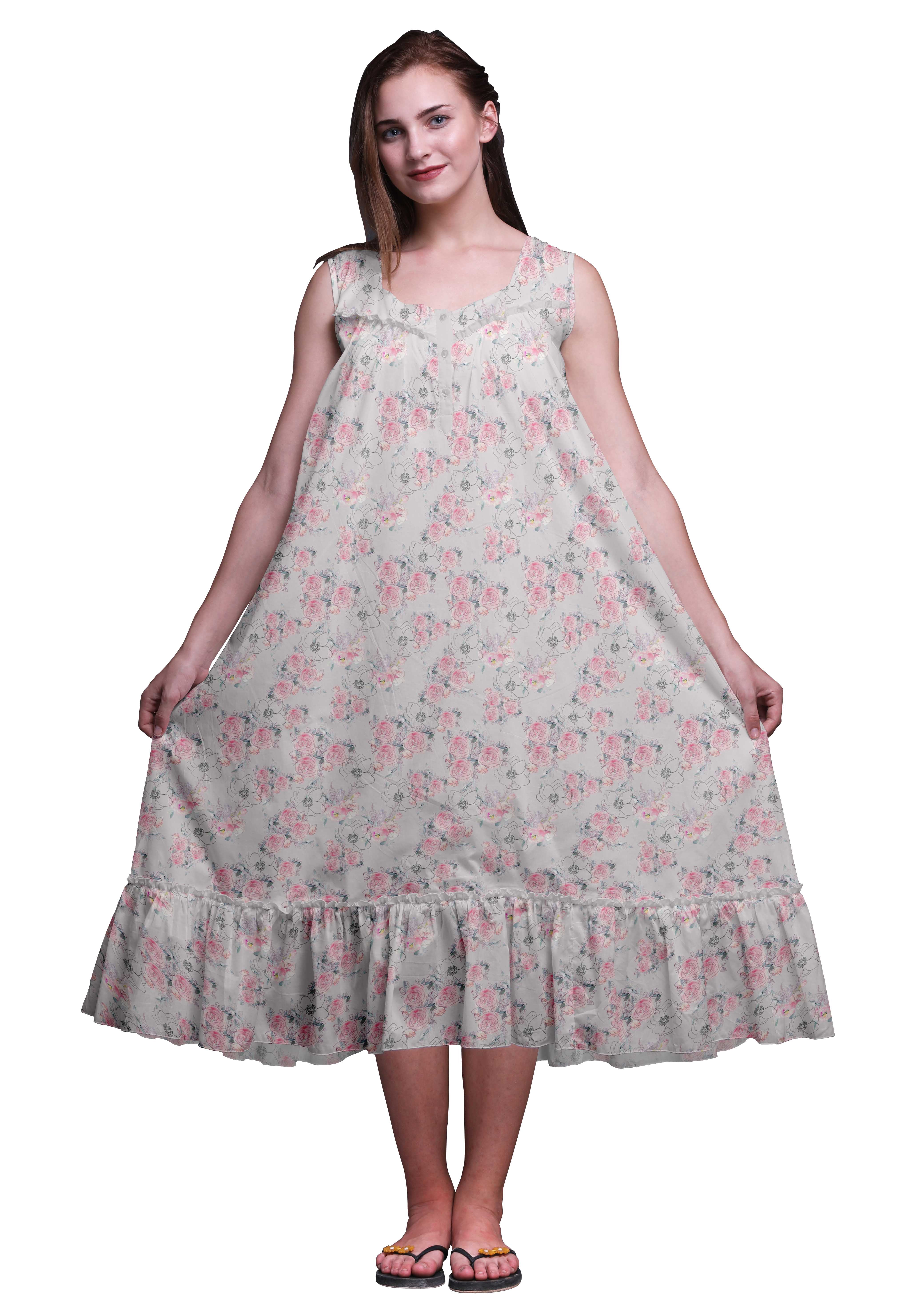 Bimba Chemises de Nuit en Coton Gris Pâle3 à Feuilles Florales et Roses Imprimées pour Femmes, Robe Sans Manches, Tenue de Nuit, Robe Maxi, XX-Grand