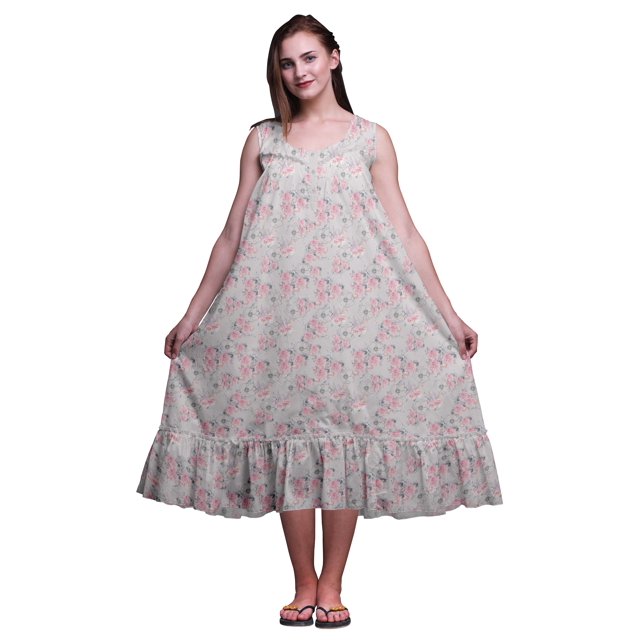 Bimba Gris Pâle3 Feuilles Florales et Rose Mi-Mollet Vêtement de Nuit Femme Coton Imprimé Sans Manches Robe de Nuit Maxi XXX-Large
