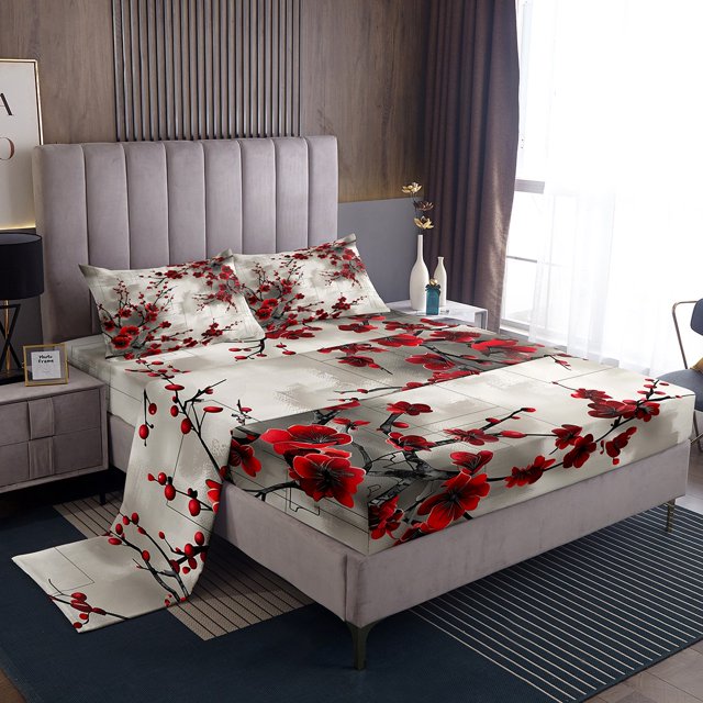 Erosebridal Ensemble de Draps à Fleurs Rouges Format Grand, Draps à Fleurs Vintage Grand, Ensembles de Draps Grand à Encre Aquarelle, Décoratif et Respirant pour la Chambre, 4 Pcs