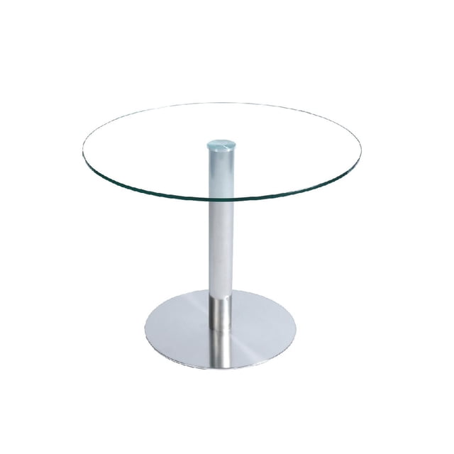 Canadian Cyclone Small 30 Dining Table featuring a clear 12mm tempered glass round tabletop supported by a brushed stainless steel cylindrical leg and circular base plate, designed for compact spaces and seating four diners, also suitable as a compact workspace table.