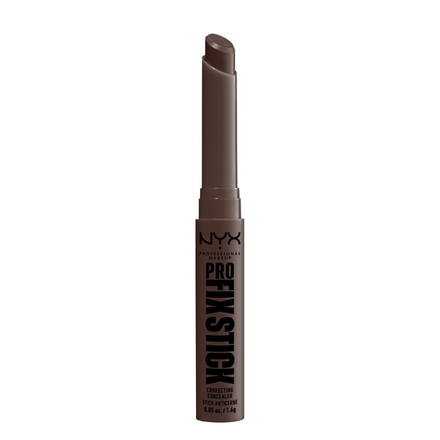 NYX Professional Makeup Pro Fix Stick Correcteur de Couleur avec Acide Hyaluronique en Bâton Mince et Torsadé avec une Pointe Inclinée Crémeuse, Offrant une Couvrance Moyenne Modulable pour Camoufler la Décoloration et Illuminer la Peau, en tube Brun Mat avec Texte Noir.