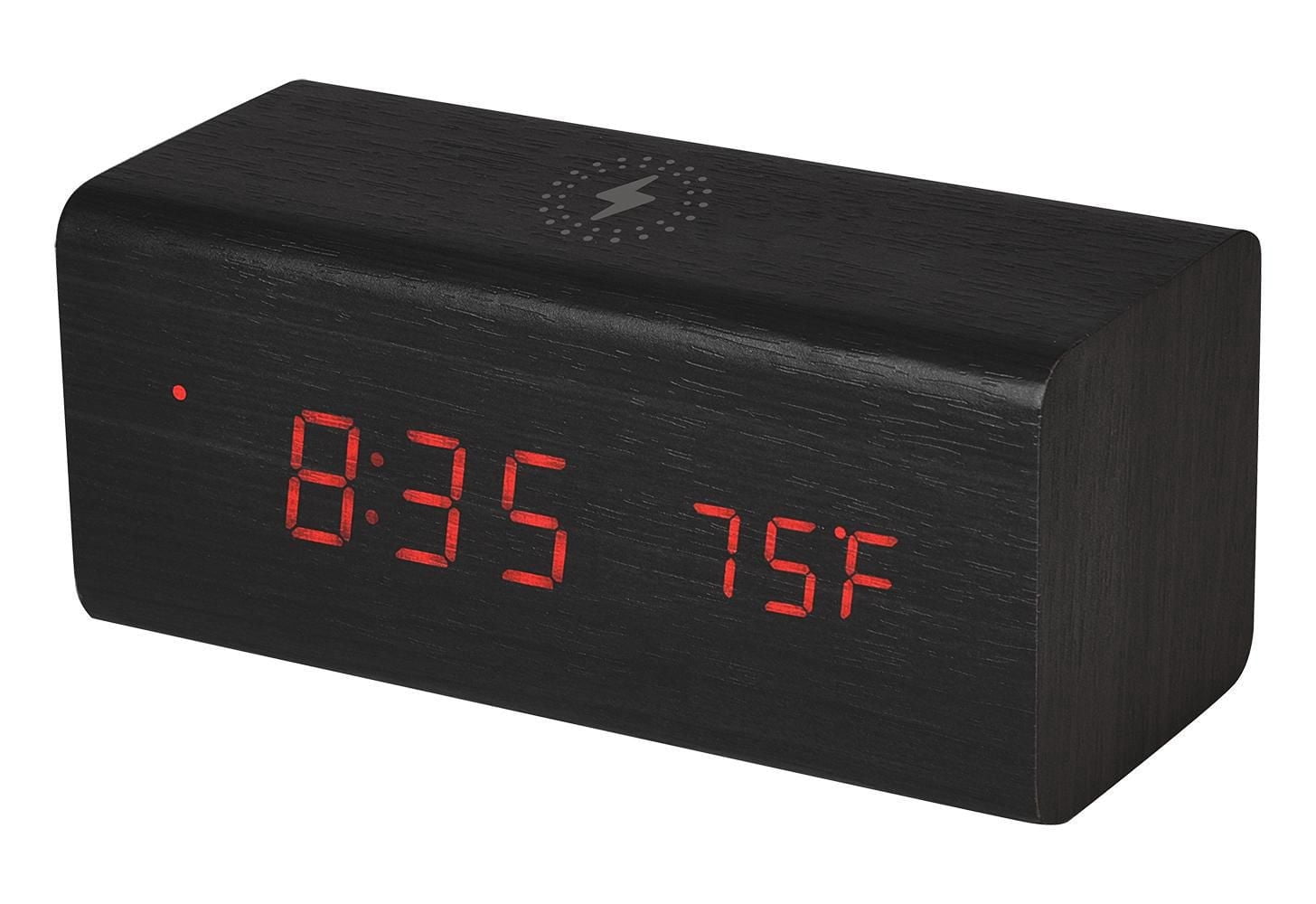 RCA 5-Watt Qi Charging Alarm Clock with Red LED Digits and Dark Woodgrain Finish - Black