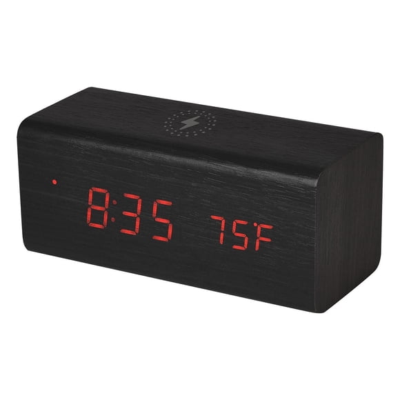 RCA 5-Watt Qi Charging Alarm Clock with Red LED Digits and Dark Woodgrain Finish - Black