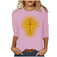 thumbnail image 1 of RKSTN Hauts pour Femmes Mode Décontractée Imprimé Crucifix Col Rond Manches 3/4 T-Shirt Couleur Unie Ajusté Blouse Printemps Été, 1 of 4