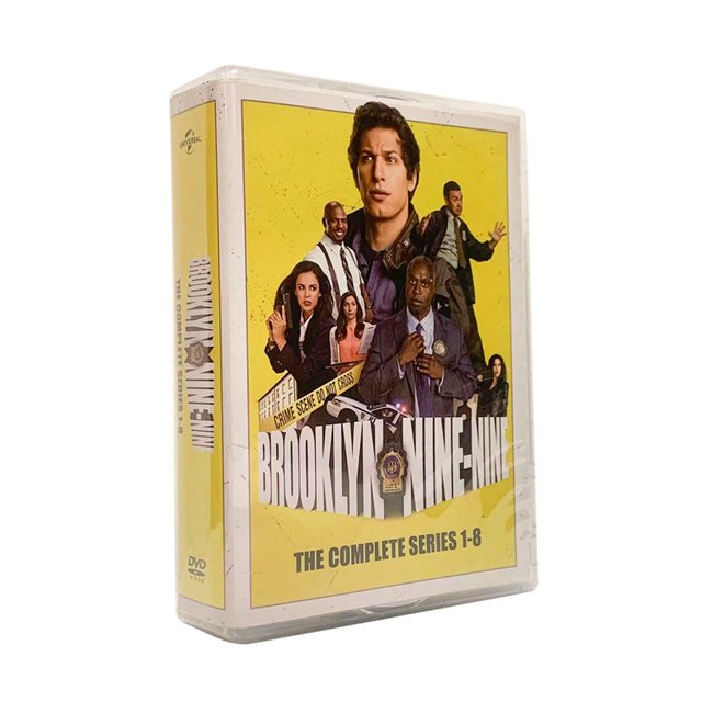 Brooklyn Nine-Nine: The Complete Series Seasons 1-8 (DVD) featuring a yellow cover with characters from the show, highlighting its comedic and crime-solving themes. The DVD case is brand new and part of the comedy TV on DVD category.