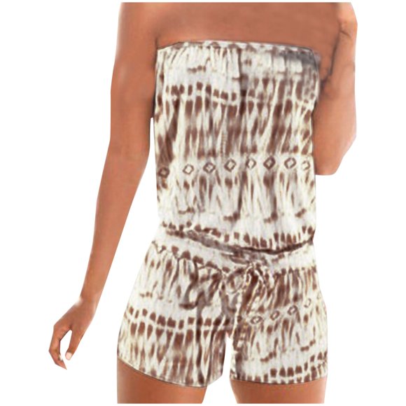Women's Strapless Jumpsuit, One-Shoulder Casual Romper with Drawstring Waist and Pockets, Lightweight Summer Shorts for Outdoor Activities
