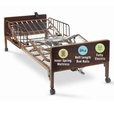 Lit d'Hôpital Entièrement Électrique avec Matelas à Ressorts Ensachés et Demi-Rails Inclus - pour les Soins à Domicile et les Établissements Médicaux - Roulettes Entièrement Ajustables, Transport Facile, Télécommande - 80 Pouces x 36 Pouces