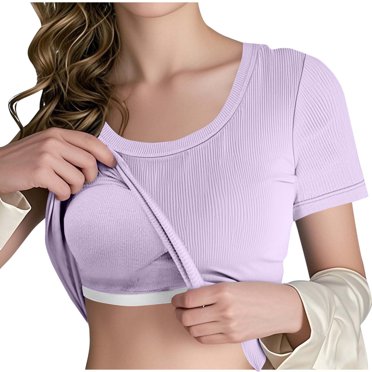 Plebaso T-Shirts avec Soutien-Gorge Intégré pour Femmes Manches Courtes Hauts Côtelés Col Rond Décontracté Été Mignon pour Femmes