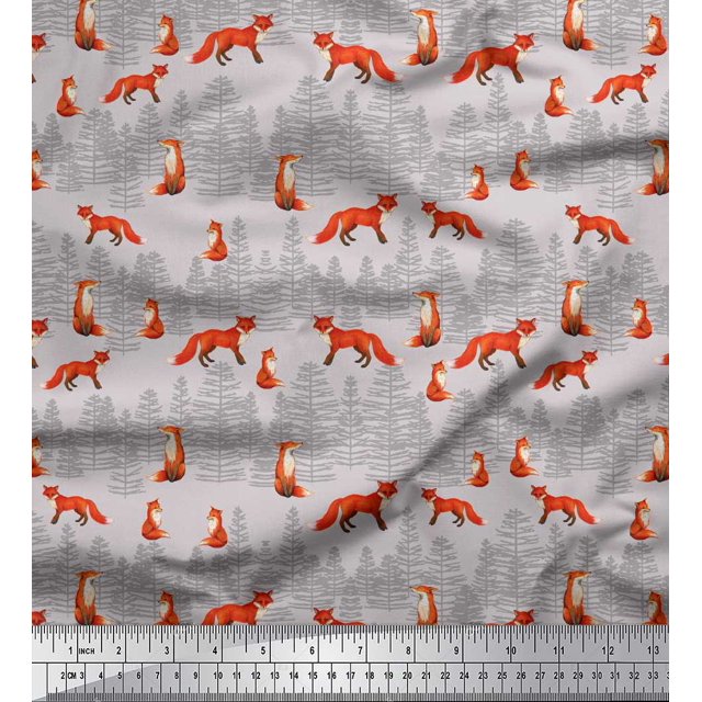 Soimoi Gray polyester Crepe Fabric Cedar Tree & Fox Animal Print Fabric by Yard 42 Inch Wide