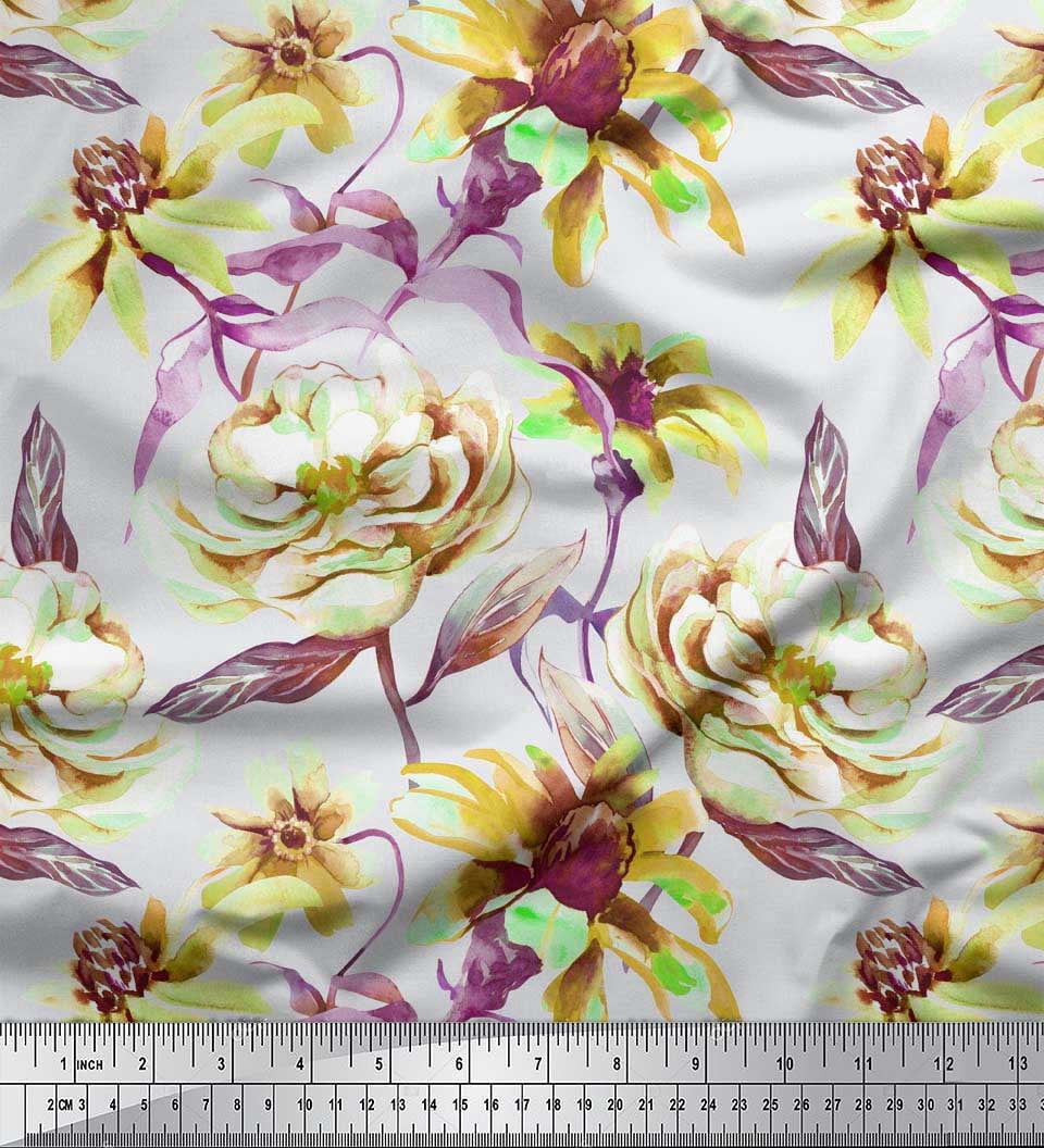 Soimoi Green Polyester Crepe Fabric Leaves & Floral Print Fabric by Yard 42 Inch Wide