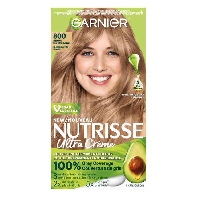Garnier Nutrisse Teinture Capillaire Permanente Ultra Crème en 800 Blond Moyen Neutre, Enrichie de Cinq Huiles de Fruits, Dont l'Avocat, Offrant une Couverture des Cheveux Gris à 100 % et une Couleur Vibrante Longue Tenue jusqu'à 8 Semaines, Formule Végane Convenant à Tous les types de Cheveux avec une application.