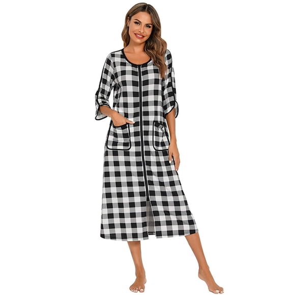 YOPTOP Women Zipper Robe 3/4 Sleeve House Dress Full Length Sleepwear Duster Housecoat With Pockets S-2Xl,M,blackwhitegrid