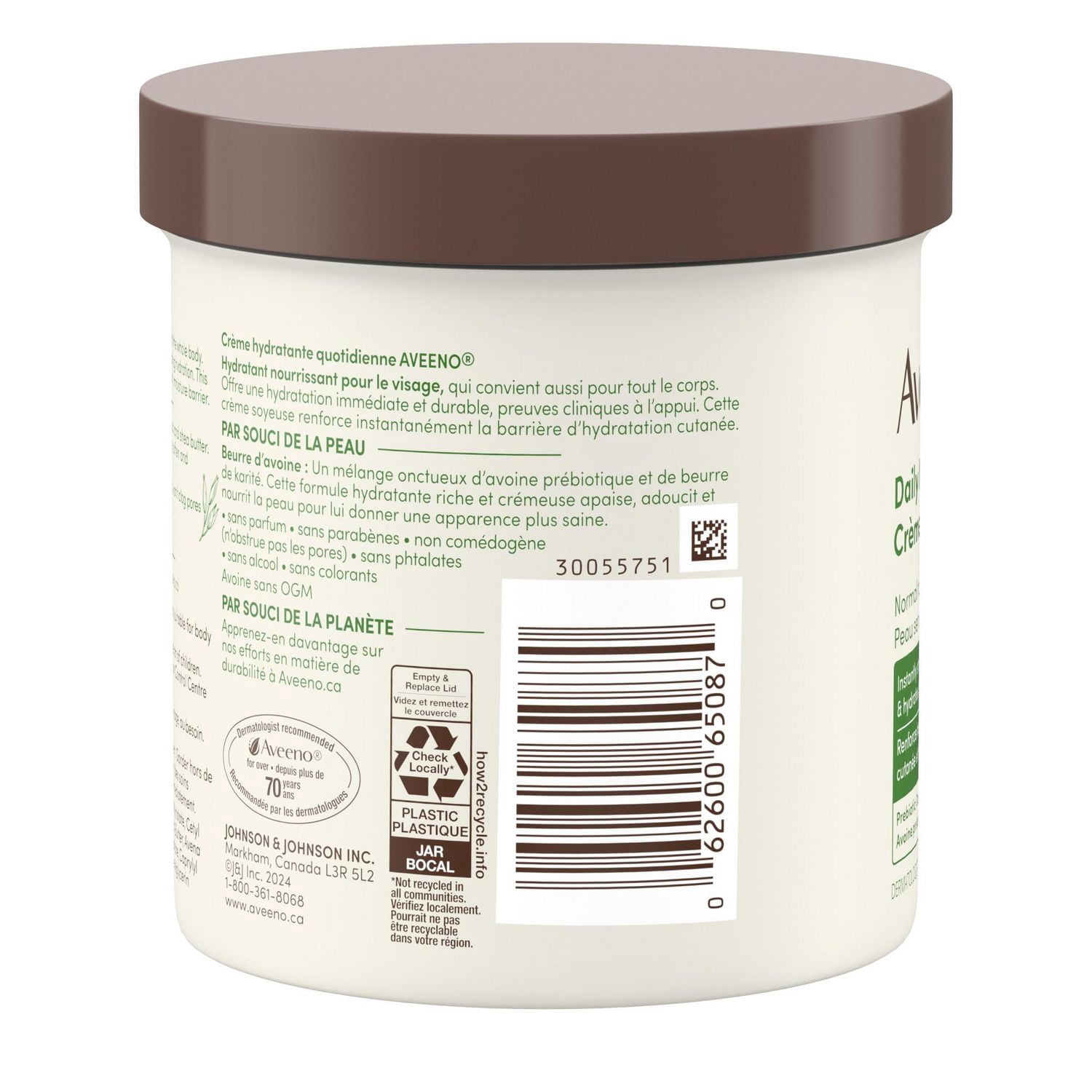 Crème hydratante quotidienne Aveeno avec avoine prébiotique et beurre de karité, pour peau sensible, normale à sèche, hydrate pendant 48 heures, sans parfum, non grasse et non comédogène, 425 g