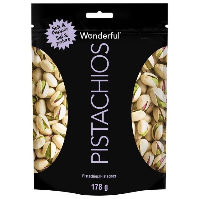 Wonderful Pistachios In-Shell Salt & Pepper Nuts, 178g resealable bag with beige pistachio shells revealing green and purple nuts inside, seasoned with salt, black pepper, and garlic, gluten-free and non-GMO, suitable for snacking or as a nut topping.