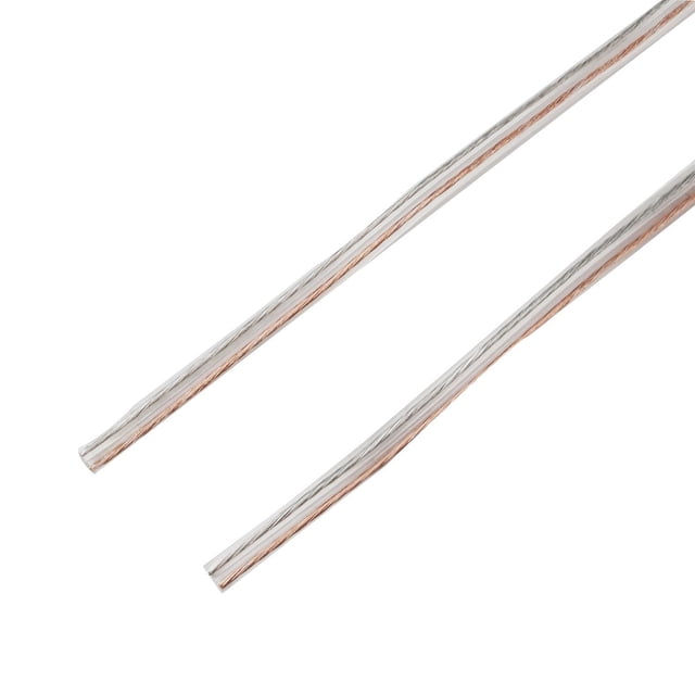 onn. 75 FT./22.8 m Indoor Outdoor Speaker Wire with two clear insulated copper wires side by side, designed to connect speakers to amplifiers or receivers, suitable for indoor and outdoor electrical accessories use with color-coded dual wires for left and right audio channels.