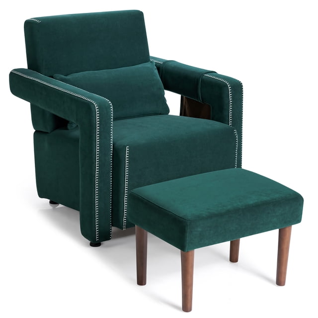 Costway Modern Berber Fleece Single Sofa Chair w/ Ottoman & Waist Pillow Green